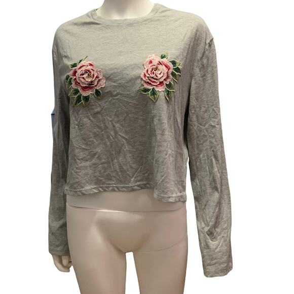 H&M Divided Grey Floral Embroidered Print Long Sleeve Basic Cropped Tee - Picture 7 of 7